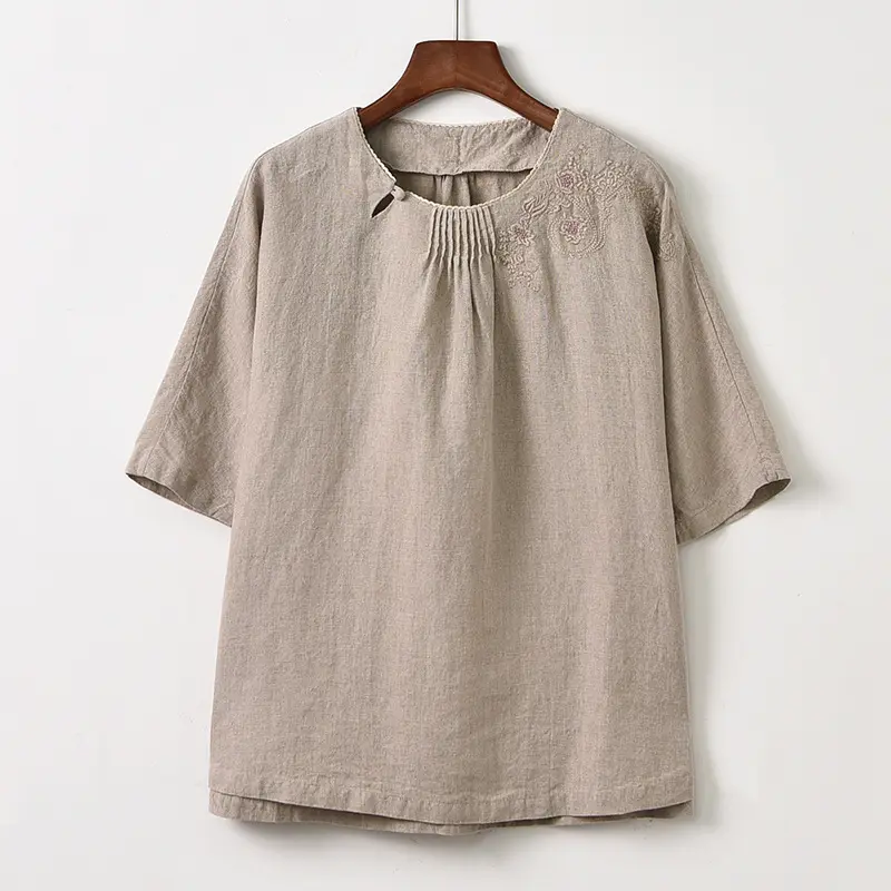 Maglietta ricamata cinese all'ingrosso di colore personalizzato della linea del cotone della canapa camicie del cotone