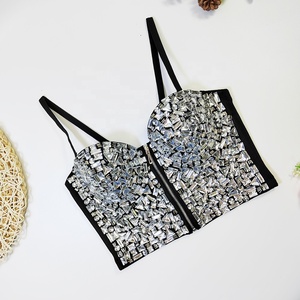 Mejor precio con cuentas corsé superior cremallera mejor precio Rhinestone Crop Top Sexy Bustier cuello <span class=keywords><strong>Halter</strong></span> tejido de punto para mujeres tetonas - Product Image 3