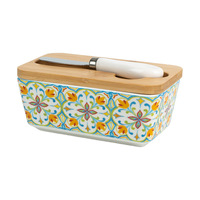 Mantequillera de Cerámica Rústica Creativa con Tapa de Madera Pintada a Mano, Hermética, Estilo Vintage para Cocina