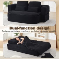 Sofá Cama Modular de Corduroy Negro con Manta Térmica para Asiento, Sofá Cama Convertible de 2 Plazas, Cama Plegable