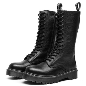 Women's Black Genuine Leather <b>Boots</b> Mid-Calf Round Toe Lace-Up Flat Heel Anti-Slip Rubber Outsole All Seasons Solid Color - Product Image 4