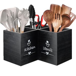 Organisateur d'ustensiles de cuisine en bois noir, boîte de rangement d'angle compartimentée, porte-couverts multifonctionnel - Product Image 5