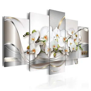 Factory Wholesale 5-piece Butterfly Orchid White Flower Decoration Big Size Picture Stretching Frame