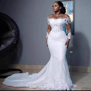 Vestidos de Novia Sirena de Manga Larga con Ilusión de Encaje y Apliques, Estilo Trompeta, Cola Barrida, Vestidos de Novia Africanos 2026 - Product Image 1