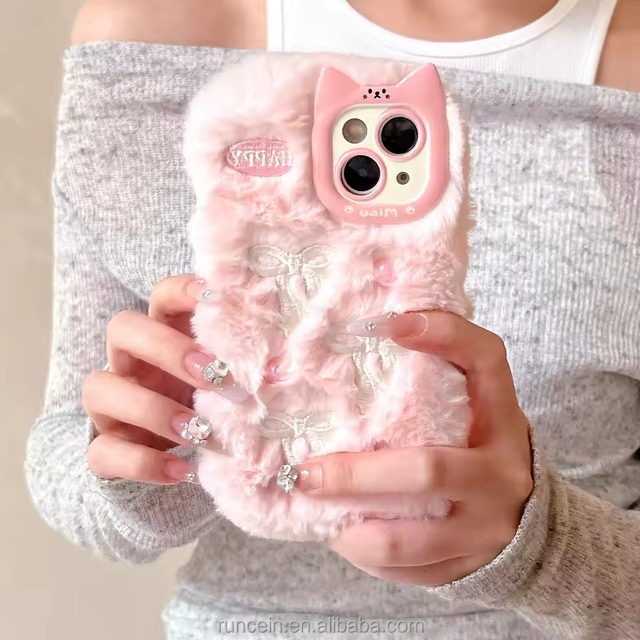 Soft Fluffy Plush Cute 3D Bow Funny Phone Case for Phone11 12 13 14 15 16 Warm Winter Furry Fur Phone Case