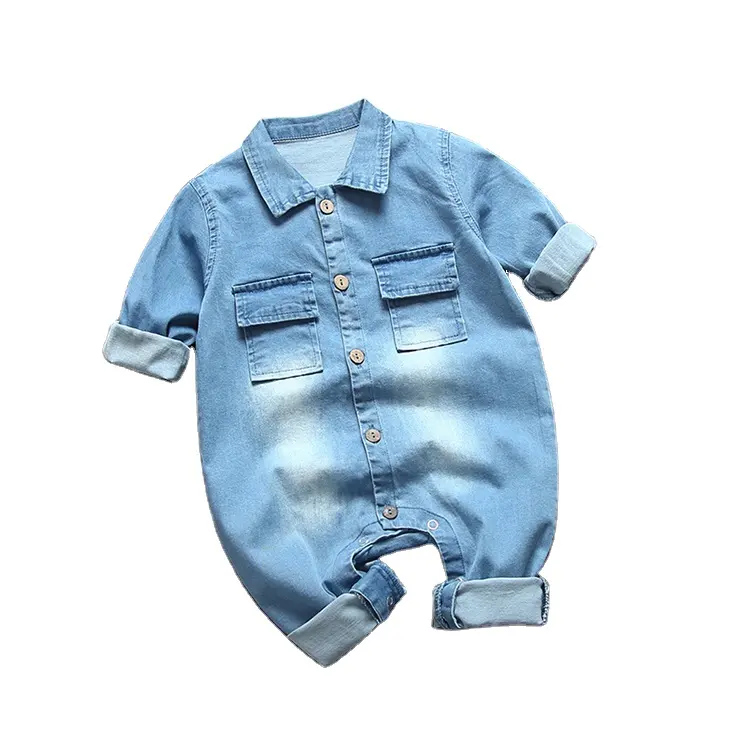 0-2 Tahun Bayi Lengan Panjang Baju Monyet Jeans Rompers dengan Printing
