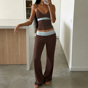 Colorblock Double Layer Lace V Neck Cami <b>Set</b> Slim Fit Pure <b>Sexy</b> Hot Girl Home Casual Flattering Two Piece <b>Set</b> - Product Image 3