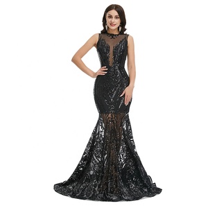 Sexy da donna con scollo rotondo senza maniche gonna trasparente con motivo a sirena abiti da sera in pizzo nero dorato - Product Image 1