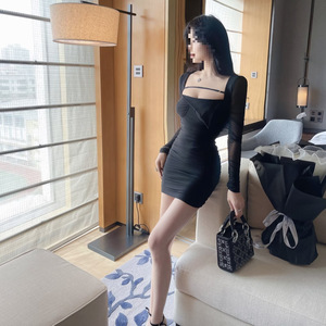 Black Mesh Long Sleeve Bodycon Dress Square Neck Sheer Layer Club Dress Slim Fit Short Skirt Women's Party Outfit - Product Image 4