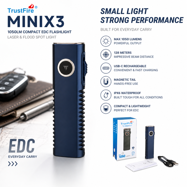 TrustFire MINIX3 Compact EDC Flashlight 1050LM USB-C Rechargeable Torch with Laser Pointer Floodlight Spotlight Magnetic Tail