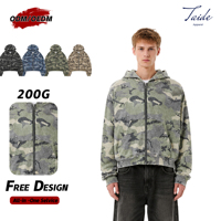 TaiDe Sweat à capuche entièrement zippé personnalisé 400GSM Camouflage Lavage vintage Impression à effet tacheté Coupe ample et oversize Usine de vêtements OEM ODM en gros