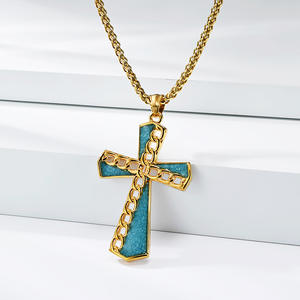 Colliers personnalisés haut de gamme en acier inoxydable turquoise hypoallergénique, pendentif croix tendance <span class=keywords><strong>pour</strong></span> <span class=keywords><strong>couple</strong></span>, bijoux - Product Image 2