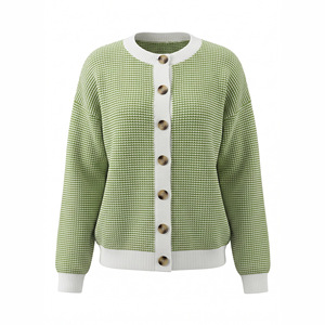 Cardigan pour femme, vert herbe, col rond, tricoté, color block, coupe ample, automne-hiver, style Europe-Amérique, tailles SMLXL - Product Image 5