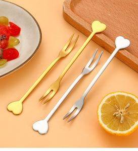 Fourchette à dessert créative en acier inoxydable 304, or et argent, en forme de cœur, à deux dents, pour gâteaux et fruits - Product Image 2