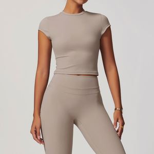 Camisetas de gimnasio al por mayor para mujer, camisetas de entrenamiento de yoga con cuello recortado de manga corta suave, Tops - Product Image 4