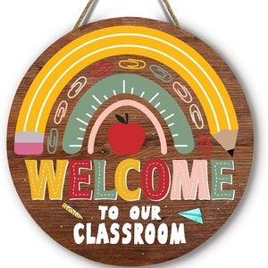 Letrero de Pared de Madera con Diseño Circular de Arcoíris, Decoración de Bienvenida para el Aula, Regreso a Clases, Madera Contrachapada de Álamo, Estilo Rústico - Product Image 1