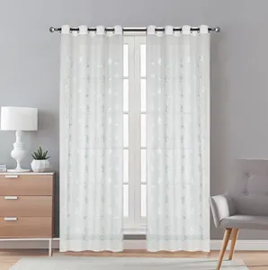 Hot selling New faux linen textured sheer curtains White embroidery grommets Window curtains for home