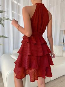 Abito Sexy Casual da donna estivo su misura con cintura rossa appesa al collo arricciata con orlo basso senza maniche abito senza maniche intrecciato naturale - Product Image 5
