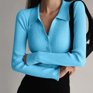 Donne 2022 nuovo risvolto sottile dimagrante top signore bottoni vuoti Sexy scollo a V manica lunga POLO collo maglia Cardigan maglione donna