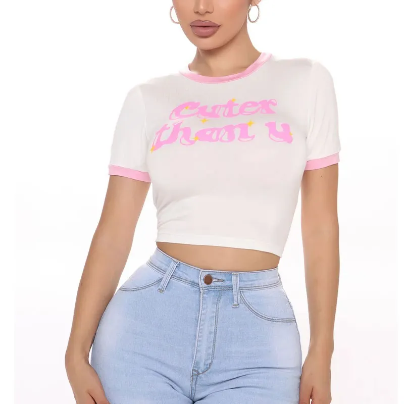 Sexy ladies cotton black white pink crop top tshirt custom logo embroidery print crop top cotton t tee shirt for women