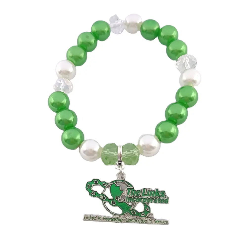 Greek Letter Sorority White And Green Elastic Pearl Enamel Charm LINKS Bracelets Daily Life Sister Jewelry