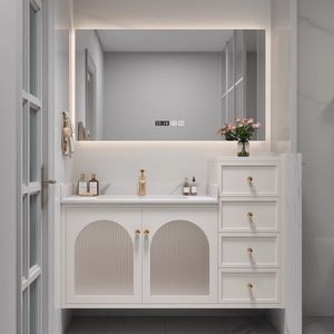 French Cream White Bathroom Vanity Solid Wood Cabinet with Round LED Mirror Ceramic Sink - Product Image 3