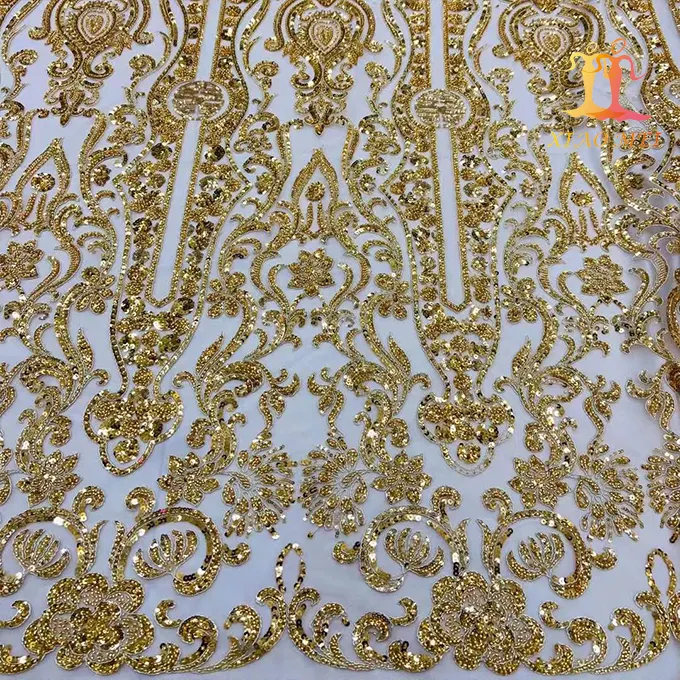 African Wedding/evening dress gold lace heavy beads & sequins shiny fancy embroidery lace fabric XM-CF0105