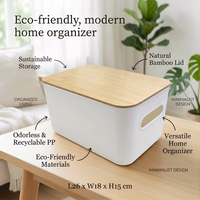 Boîte de rangement grande et durable, écologique, 26*18*15cm, en bambou et PP, panier organisateur rectangulaire avec couvercle en bambou, moulé par injection, pour la maison