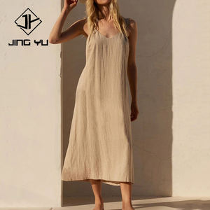 Vestido Midi de Verano de Alta Calidad, Elegante, Holgado, Cómodo, con Cuello en V, Espalda Descubierta, Personalizable, Transpirable, Mezcla de Lino - Product Image 1