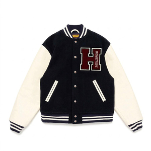 Giacca Varsity in Lana Personalizzata per Uomo con Logo Ricamato Blu Navy e Maniche a Contrasto Crema Stile Vintage Americano Retrò con Bottoni a Scatto - Product Image 2