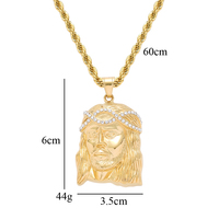 SN176 Collier unisexe Hip Hop en acier inoxydable plaqué or avec pendentif visage de Jésus entièrement serti de cristaux et chaîne corde, idéal pour cadeau de fête