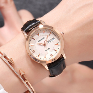 Reloj de pulsera de cuarzo elegante para mujer, color oro rosa, esfera blanca, fecha, marcador de estrellas, correa de cuero - Product Image 4