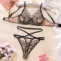 Bra dan Celana Dalam Wanita dengan Tali Lepas Pasang, Lingerie Renda Seksi, Bra Kawat dengan Jaring, G-String Thong untuk Wanita, Set Celana Dalam
