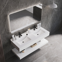 Meuble de salle de bain moderne double vasque en céramique avec miroir rectangulaire, en dalle de roche double couche, résistant à l'eau, pour hôtel et appartement