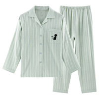 Ensemble de pyjama rayé en coton pour homme, imprimé chat, vert menthe, manches longues, boutons sur le devant, vêtements de nuit, fabrication OEM, sur mesure