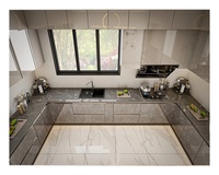 Meubles de cuisine modulaires en panneaux MDF gris brillant et meubles de salon