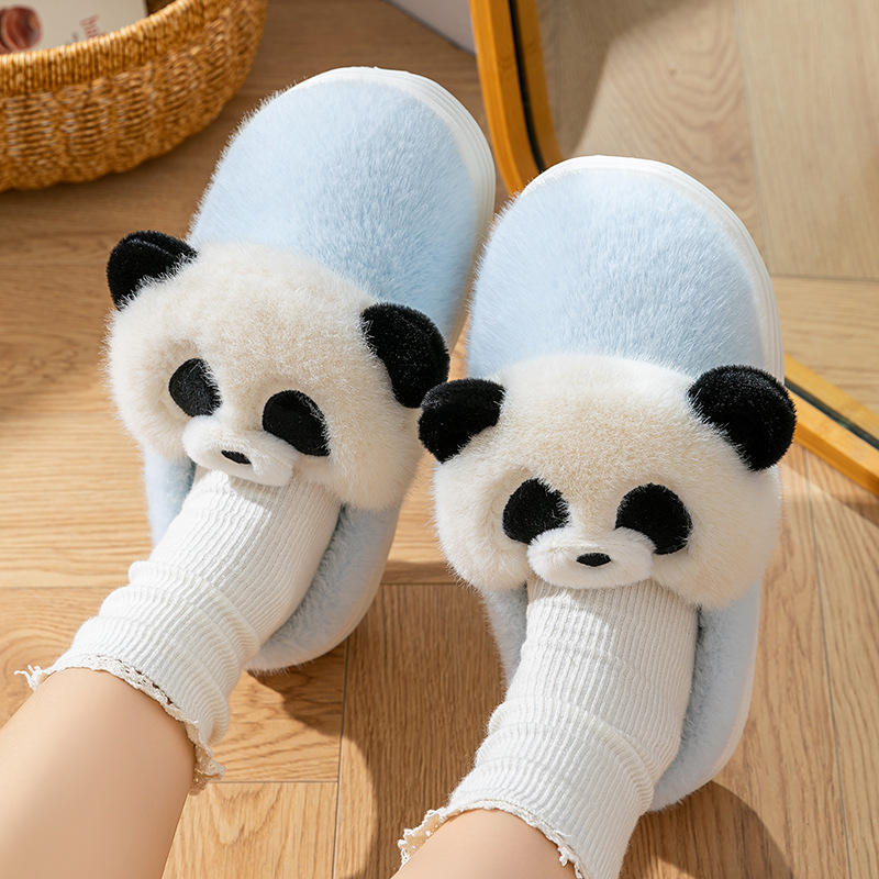 Cartoon Panda Fluffy Fur for Slippers 2025 Autumn Winter Thickened Non-Slip Indoor Home Warm Stylish Comfortable Stylish