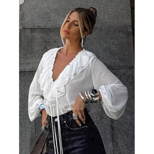 Blusa Blanca de Gasa con Volantes para Mujer, Cuello en V, Mangas Farol, Lazo Cruzado, Color Sólido, Transparencias, Tejido de Poliéster - Product Image 3