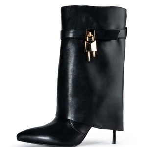 Fold Over Stiletto Women High Thin Heels <b>Booties</b> Girl's Shark Lock Short <b>Ankle</b> Boots Fancy Overlay Shoes - Product Image 2