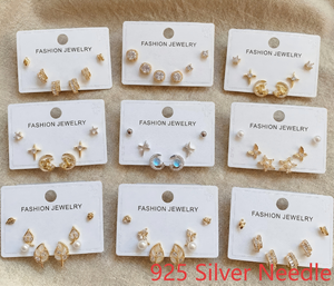 Resoul Lot de 3 paires de petites boucles d'oreilles clous plaquées or, aiguille en argent 925, pour femmes et filles, bijoux mignons en émail CZ, cadeau quotidien, vente en gros - Product Image 1