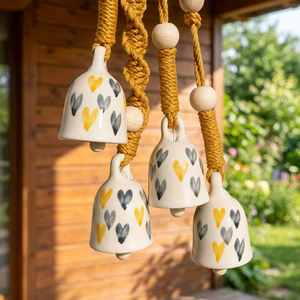 Cloche murale en céramique faite à la main avec imprimé cœur jaune et gris et perles en bois, décoration rustique de Noël - Product Image 3