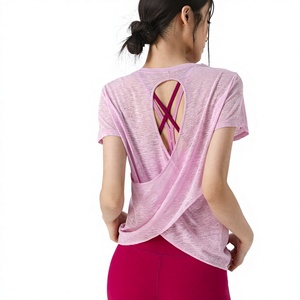 Camiseta de yoga para mujer con espalda cruzada y aberturas, ligera, transparente, de manga corta, atlética, de secado rápido y transpirable para Pilates - Product Image 1
