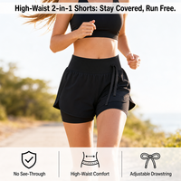 Celana Pendek 2 in 1 untuk Wanita, Lapis Ganda, Tali Serut, Pinggang Berbahan Rib, Lapisan Dalam, Model Longgar, Cocok untuk Gym, Outdoor, Grosir Pabrik