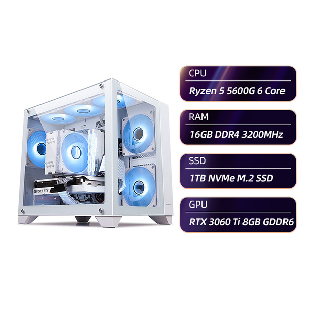 Gaming Desktop AMD R5 5600 6 Core 3.9GHz RTX 3060 Ti 16GB 1TB SSD M.2 NVMe Win11 Home WIFI Gaming PC