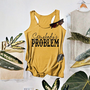 Somebody's Problem Printed Yellow Cotton Tank <b>Top</b> Women Casual Scoop Neck <b>Knitted</b> <b>Sleeveless</b> <b>Top</b> - Product Image 2