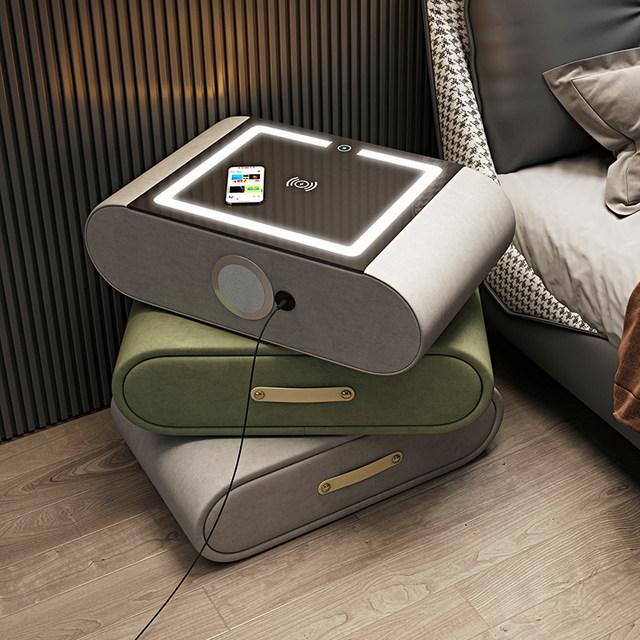 Rotating Smart Bedside Table Glass Top Fully Solid Wood Modern Minimalist Design Touch Luxury Featuring Wireless Charging