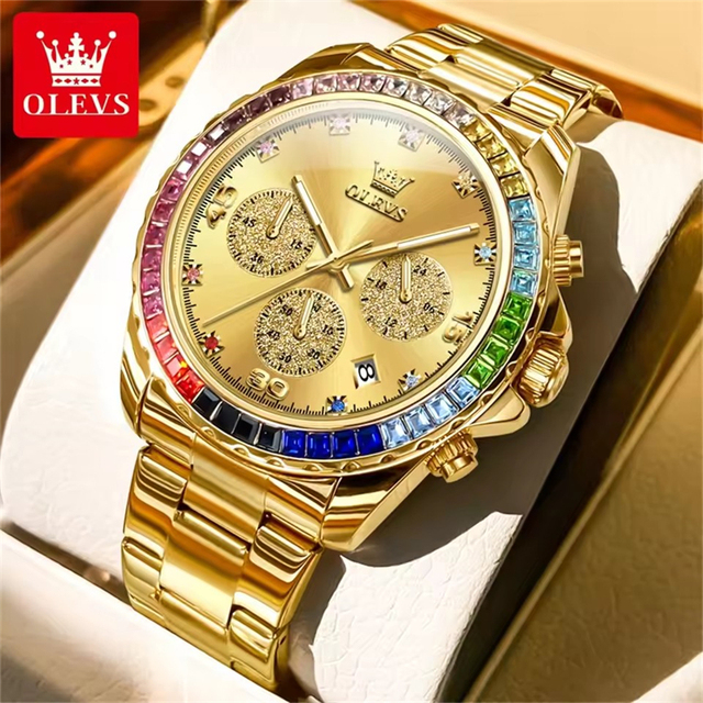 OLEVS 2939 Gold Watch Luxury Rainbow Diamond Bezel Chronograph Waterproof Date Man Watch Stainless Steel Mens Quartz Wristwatch
