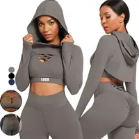 Özel logo 3 adet içi boş özel spor dikişsiz aktif giyim Yoga seti egzersiz kıyafeti spor spor setleri kırpma üst kadın hoodies