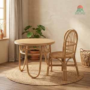 Ensemble table et chaises en rotin Nhat Minh, dossier rond à tiges, style tropical, meubles pour enfants, durable - Product Image 3