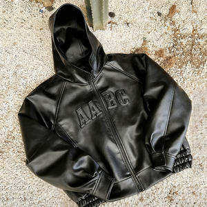 Áo khoác da PU nam cao cấp, may nổi logo 3D tùy chỉnh, kiểu bomber varsity mùa đông, có logo phía trước, dáng dài - Product Image 1